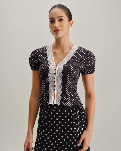 Blusa de Encaje con Lunares Negros