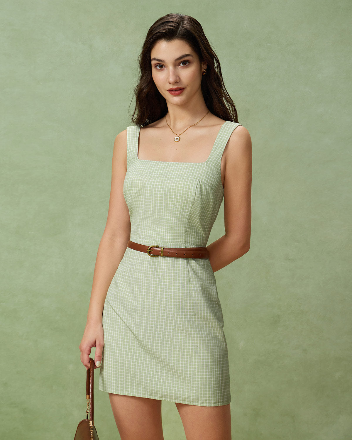 Vestido Mini de Tirantes con Cuello Cuadrado a Rayas Verdes