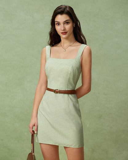 Vestido Mini de Tirantes con Cuello Cuadrado a Rayas Verdes