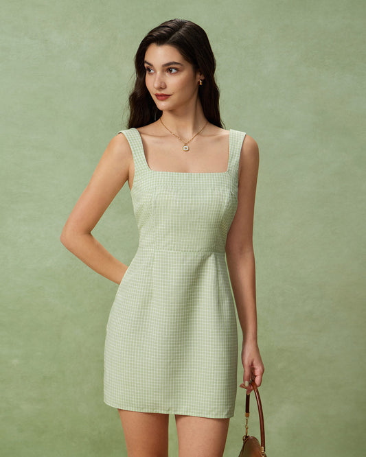 Vestido Mini de Tirantes con Cuello Cuadrado a Rayas Verdes