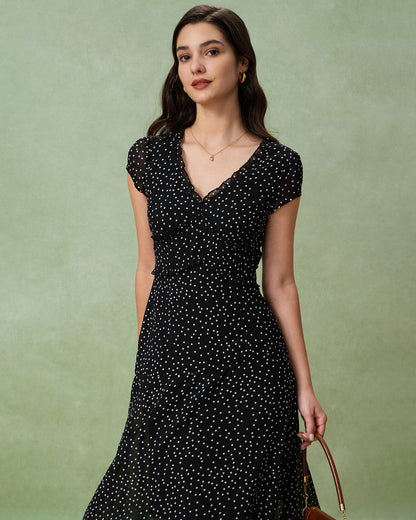 Vestido Midi de Lunares Negro con Escote en V