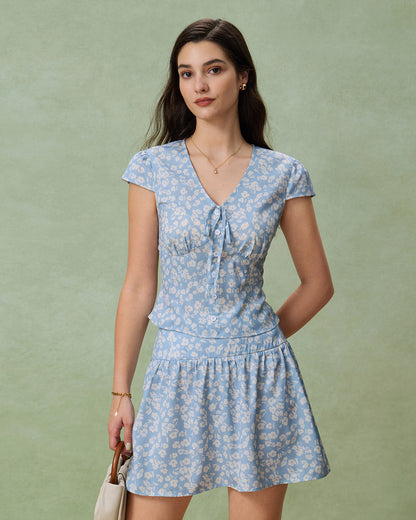 Falda Mini A-Line Floral Azul