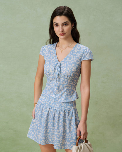 Blusa Azul Floral con Escote en V