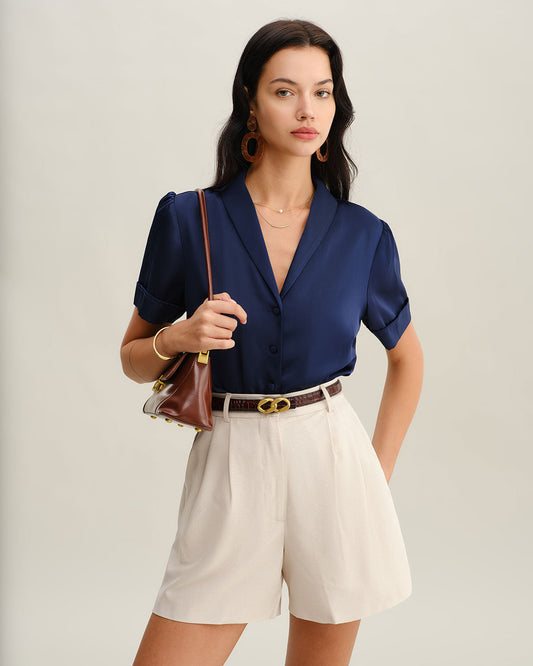 Blusa de Botones de Satén Azul Marino