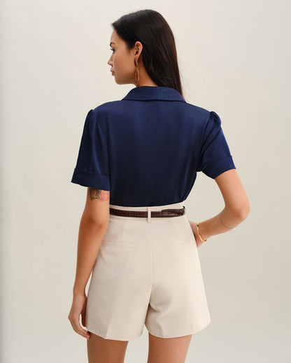 Blusa de Botones de Satén Azul Marino