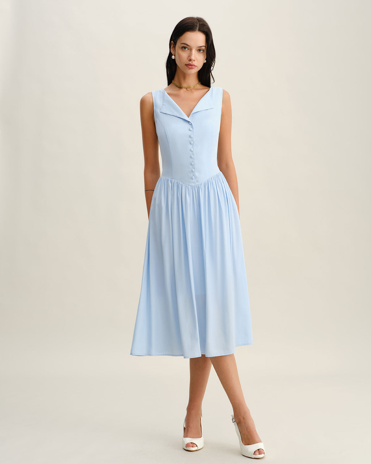 Vestido Midi Sin Mangas Botonero Azul con Escote en V