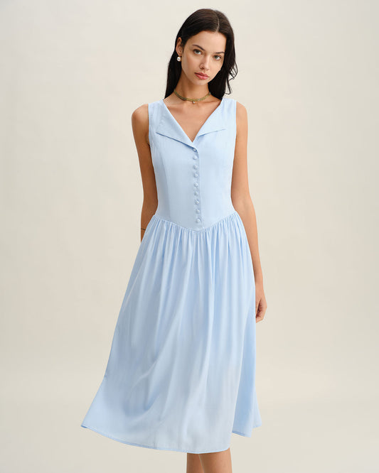 Vestido Midi Sin Mangas Botonero Azul con Escote en V