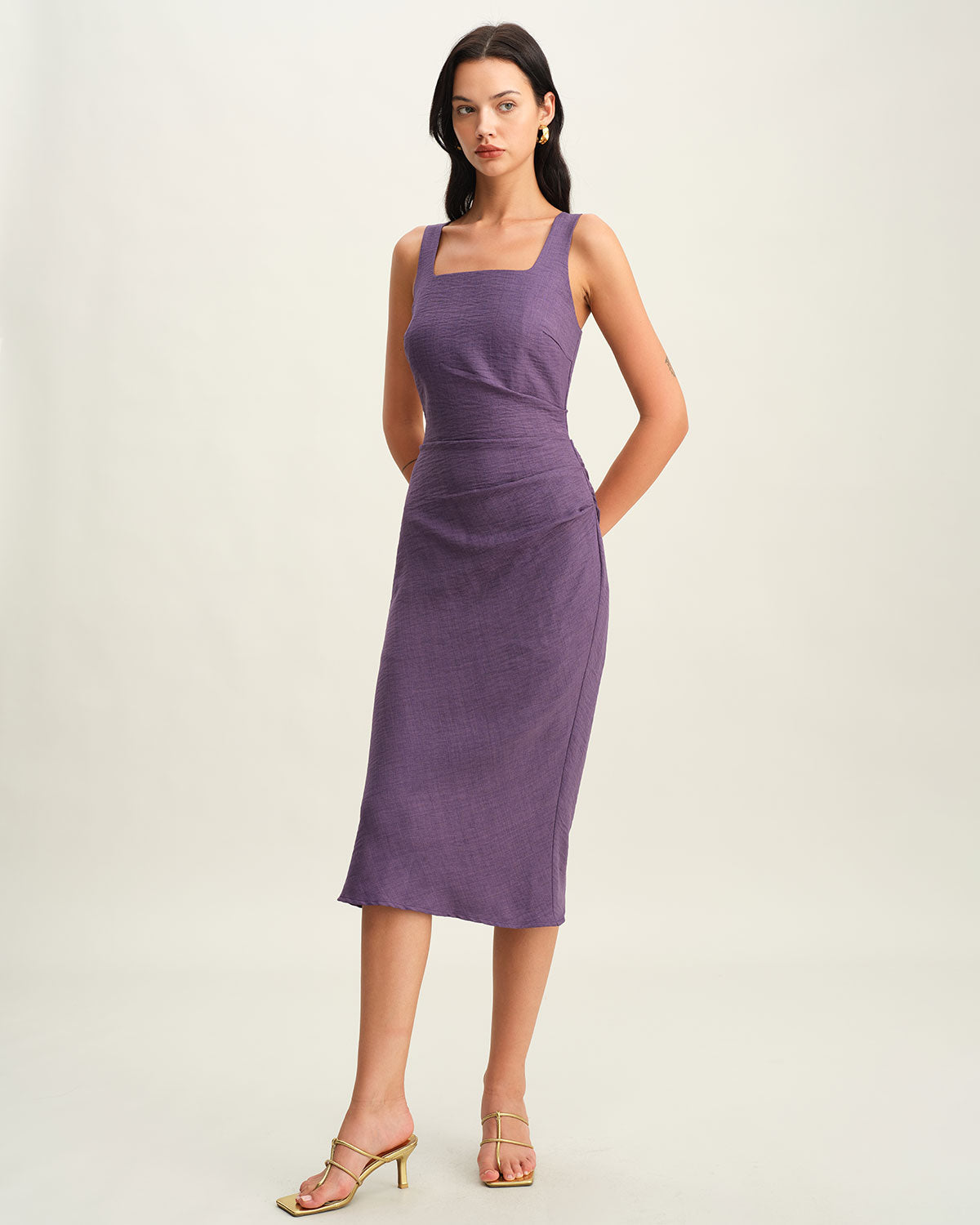 Vestido Midi Sin Mangas de Cuello Cuadrado Púrpura