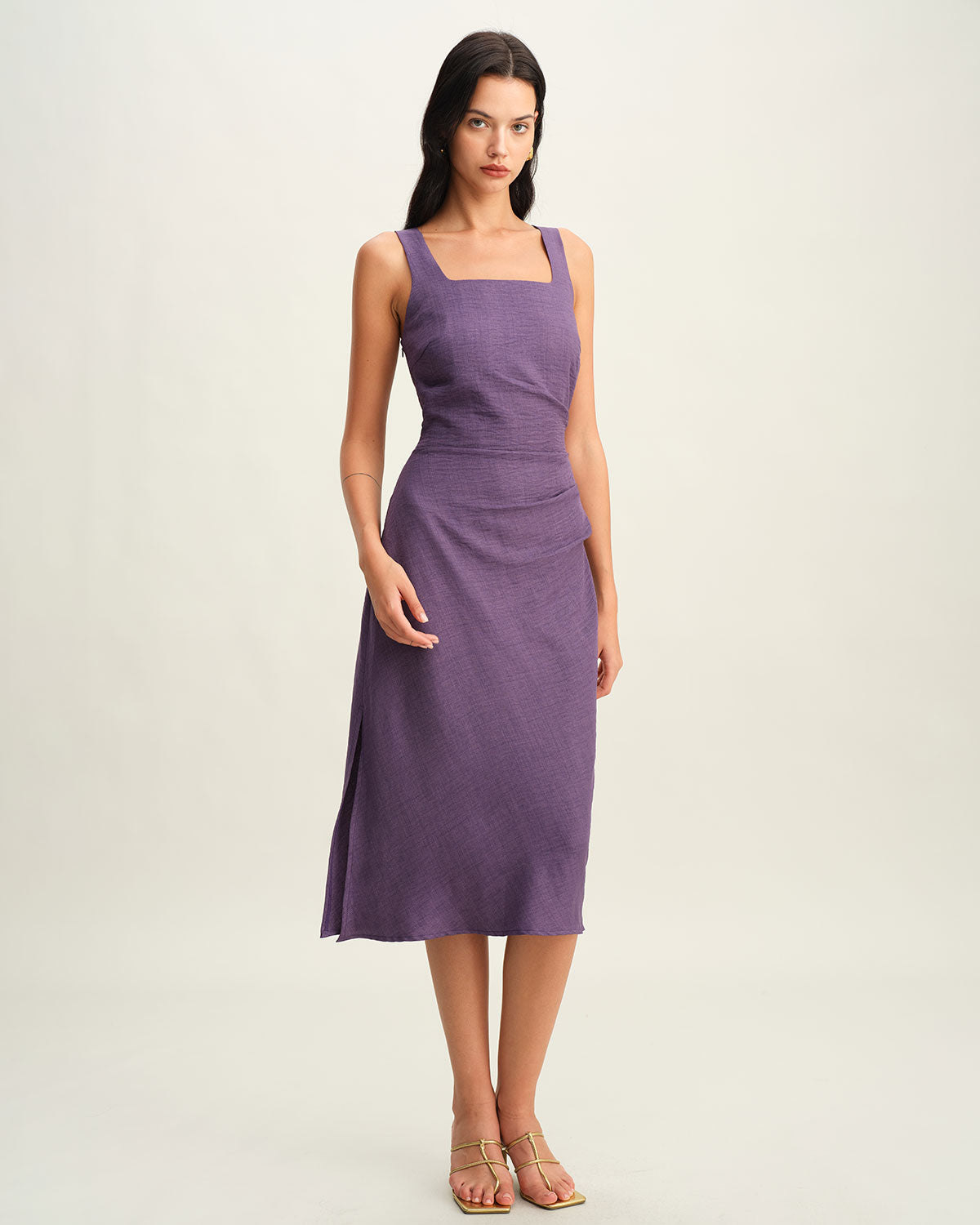 Vestido Midi Sin Mangas de Cuello Cuadrado Púrpura