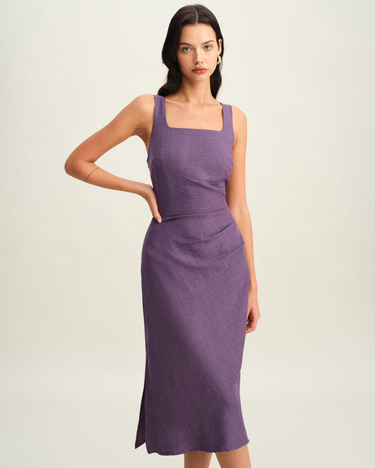 Vestido Midi Sin Mangas de Cuello Cuadrado Púrpura