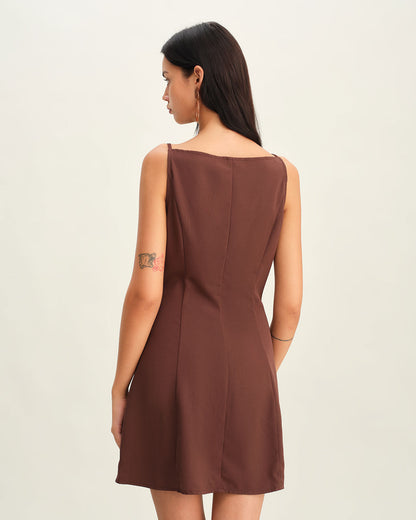 Vestido Mini de Slip Plisado en Marrón