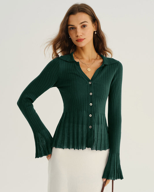 Cárdigan de Punto Verde con Cuello en V y Mangas de Campana