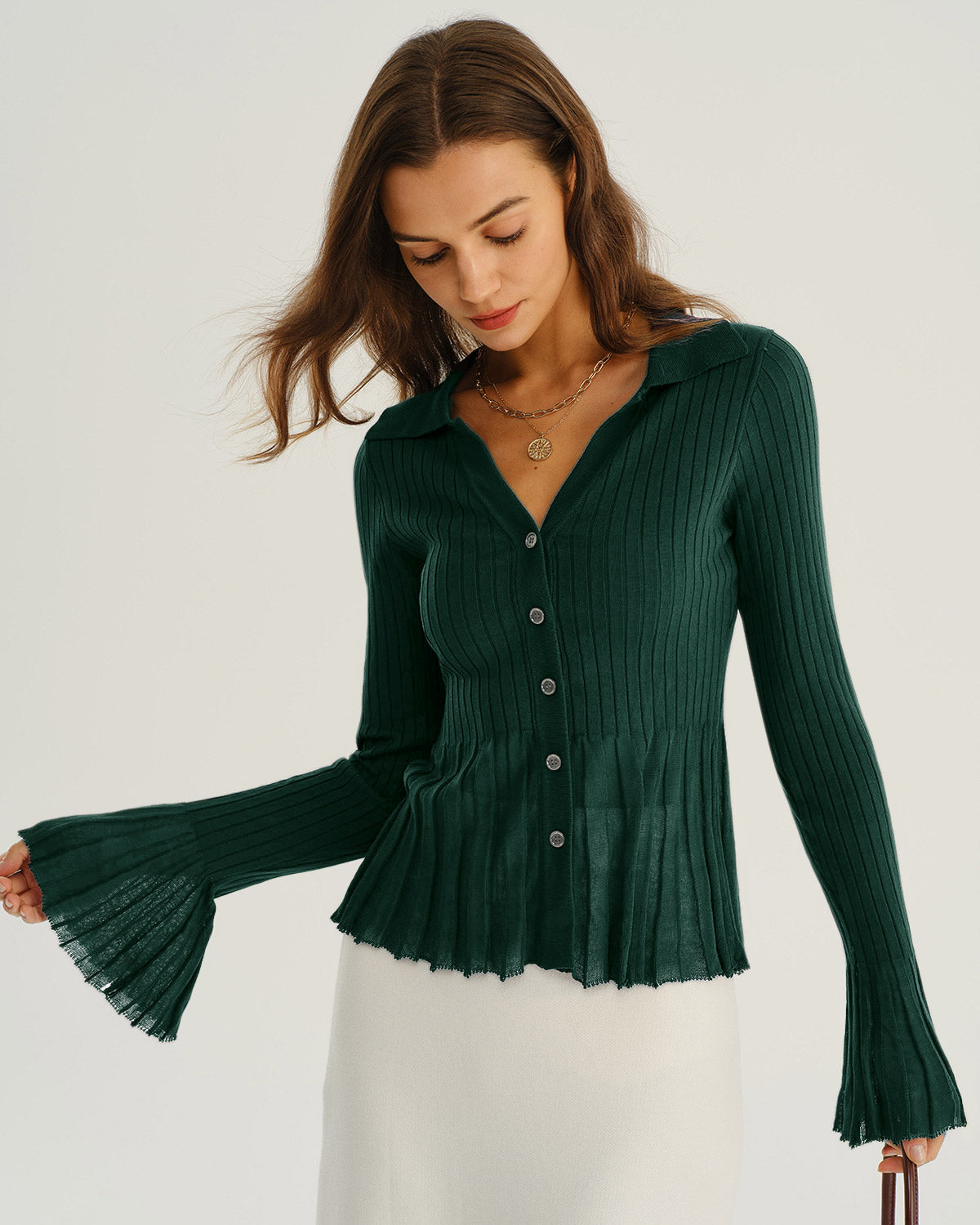 Cárdigan de Punto Verde con Cuello en V y Mangas de Campana