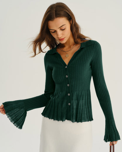 Cárdigan de Punto Verde con Cuello en V y Mangas de Campana