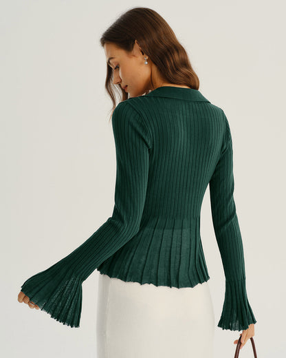 Cárdigan de Punto Verde con Cuello en V y Mangas de Campana