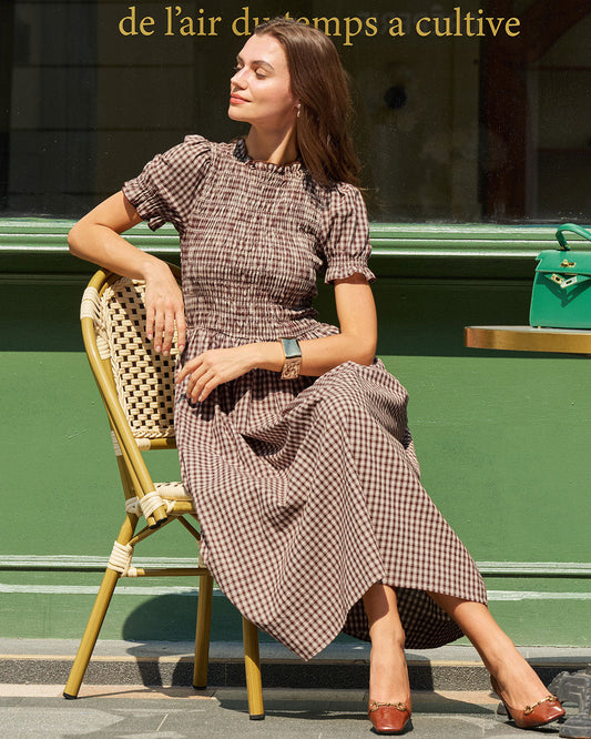 Vestido Midi de Manga Abullonada con Estampado de Cuadros