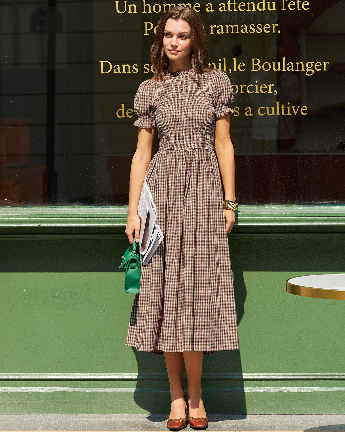 Vestido Midi de Manga Abullonada con Estampado de Cuadros