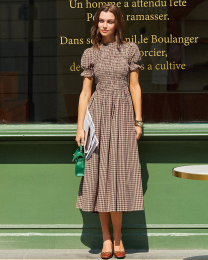 Vestido Midi de Manga Abullonada con Estampado de Cuadros
