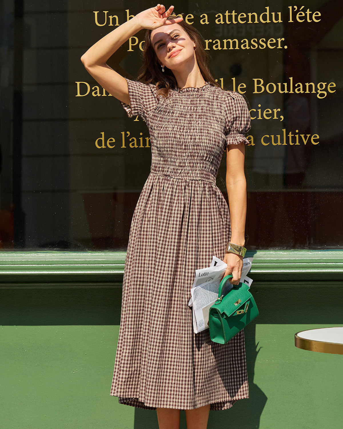 Vestido Midi de Manga Abullonada con Estampado de Cuadros