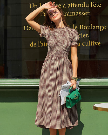 Vestido Midi de Manga Abullonada con Estampado de Cuadros