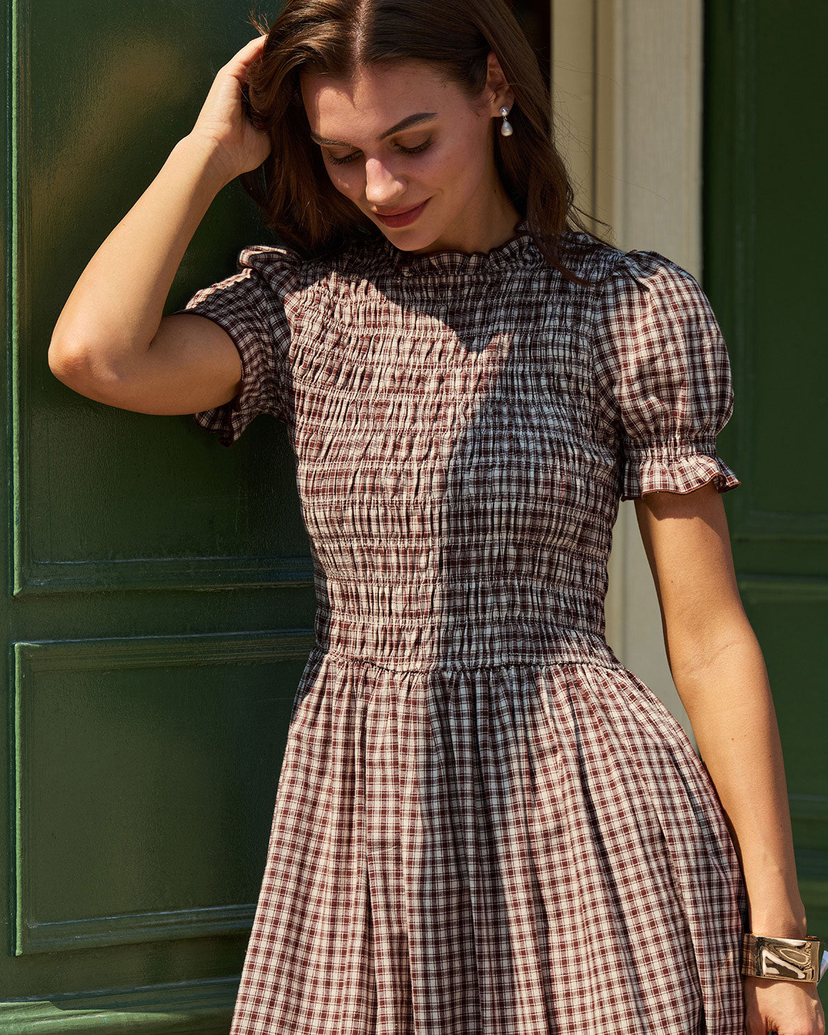 Vestido Midi de Manga Abullonada con Estampado de Cuadros