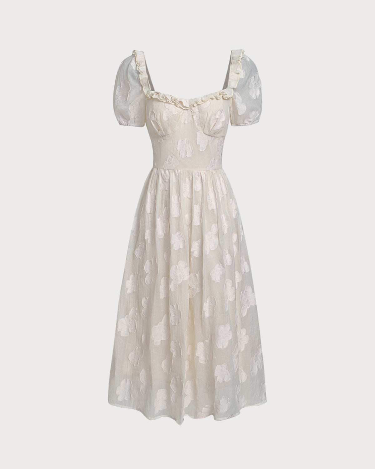 Vestido Midi de Manga Abullonada con Escote Cuadrado Beige