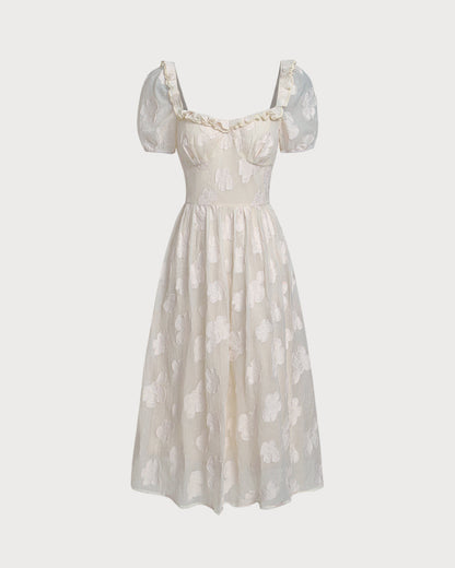 Vestido Midi de Manga Abullonada con Escote Cuadrado Beige