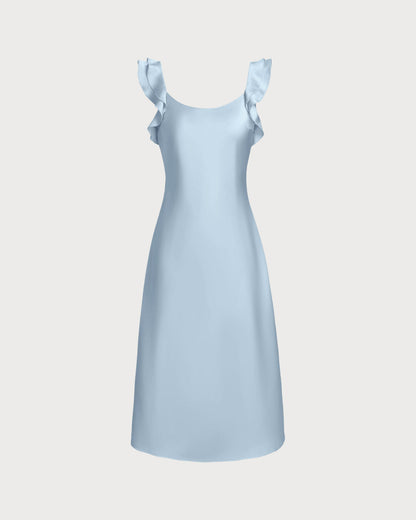 Vestido Midi de Satén con Cuello Cuadrado y Volantes Azul