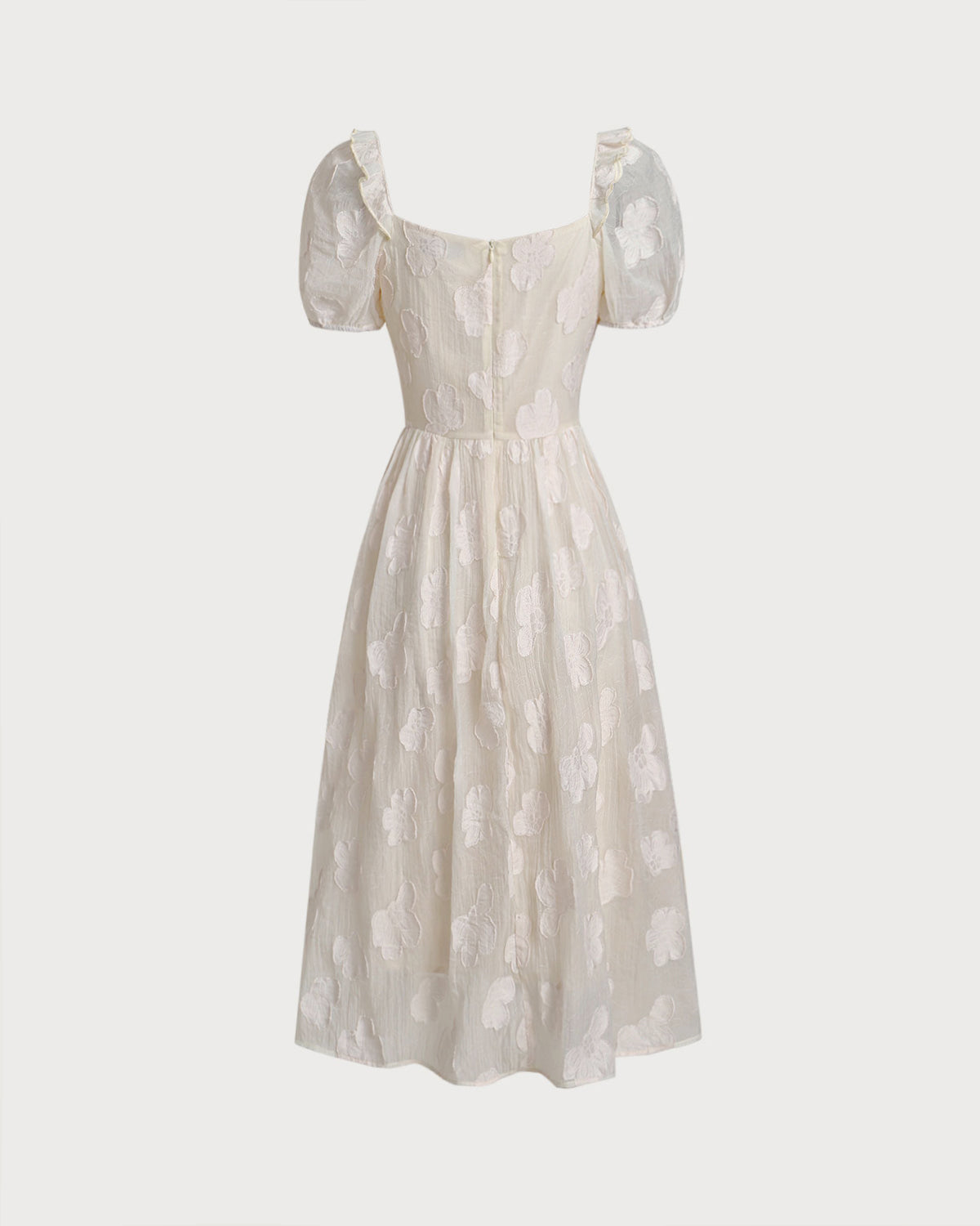 Vestido Midi de Manga Abullonada con Escote Cuadrado Beige