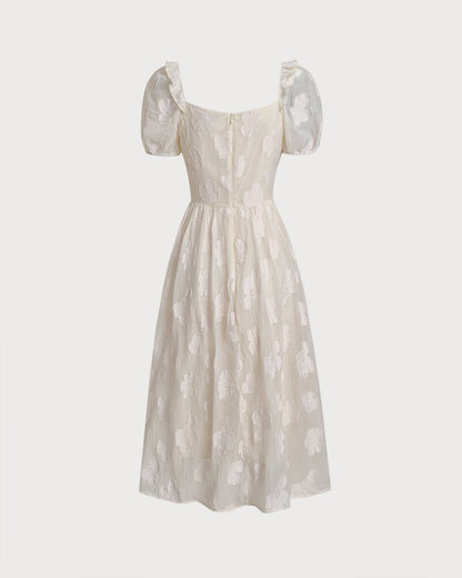Vestido Midi de Manga Abullonada con Escote Cuadrado Beige