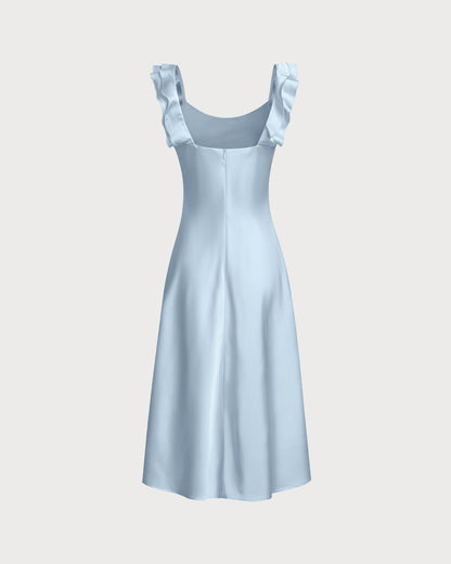 Vestido Midi de Satén con Cuello Cuadrado y Volantes en Azul