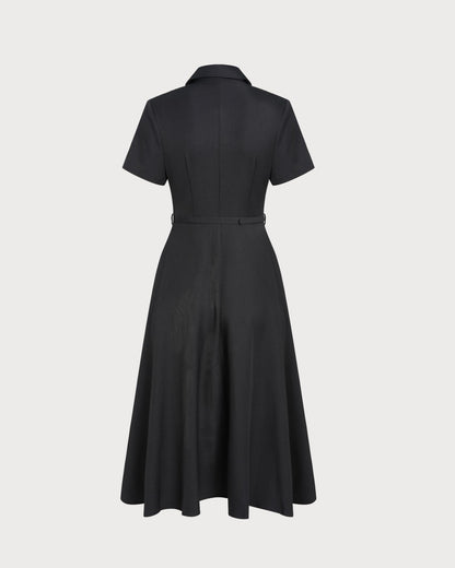 Vestido Midi Negro A-Line con Cinturón