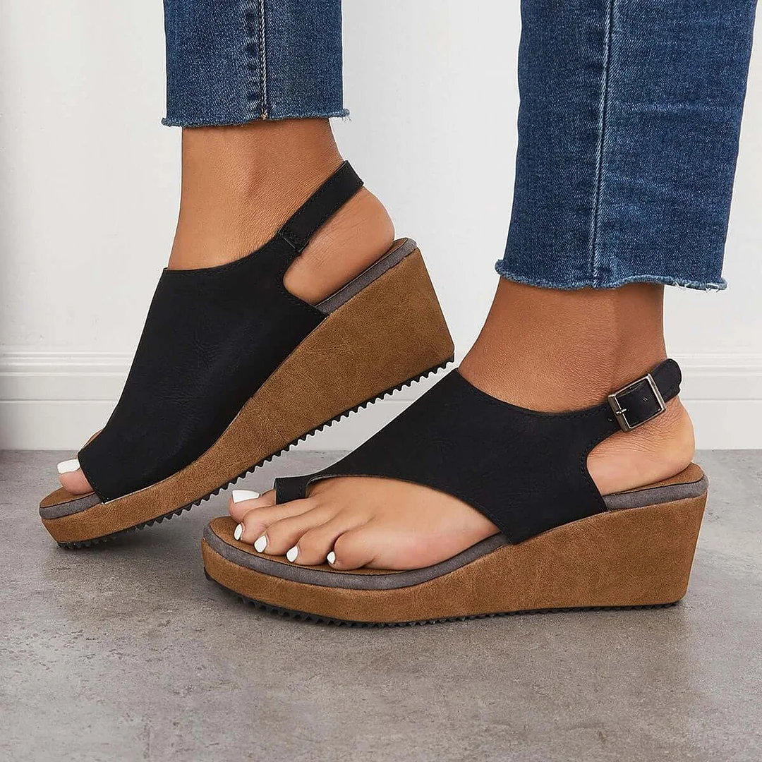 Gabriela - Wkładane sandały na koturnie i platformie z korka z paskiem z tyłu i klamrą na kostce