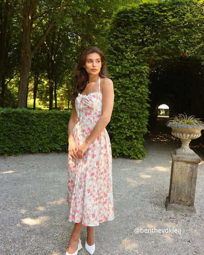 Vestido Midi Halter Floral Rosa
