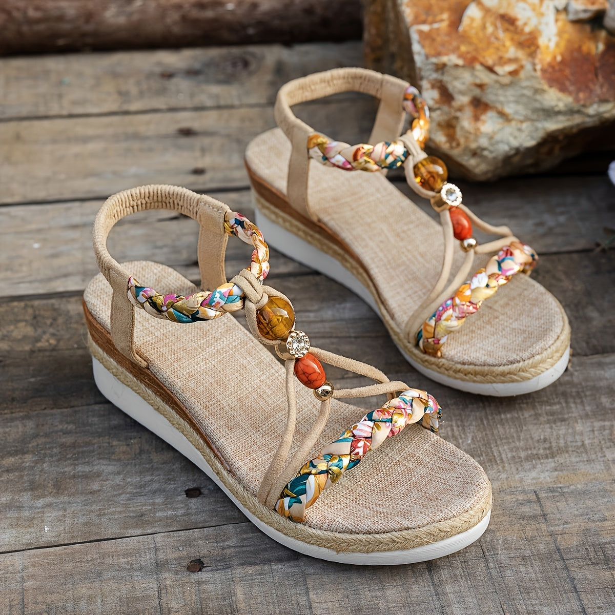 Maëva | Sandalias de Cuña Trenzadas Bohemias con Perlas
