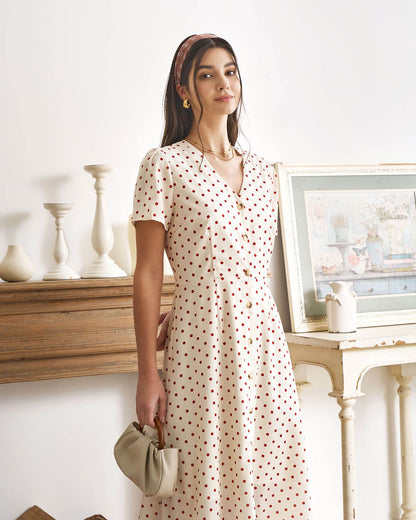 El Vestido Midi de Botones con Lunares y Escote en V Beige