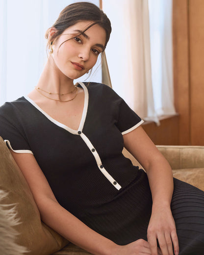 Vestido Midi de Suéter Negro con Contraste