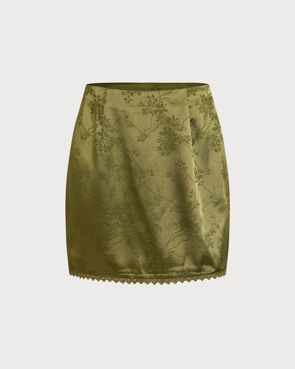 Falda Mini de Satén Floral Verde