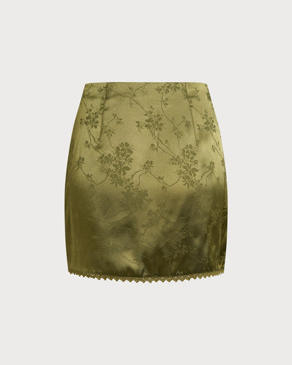 Falda Mini de Satén Floral Verde