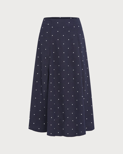 Falda Midi de Lunares con Corte en la Parte Lateral en Color Marino