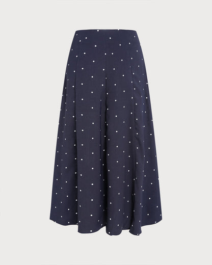 Falda Midi de Lunares con Corte en la Parte Lateral en Color Marino