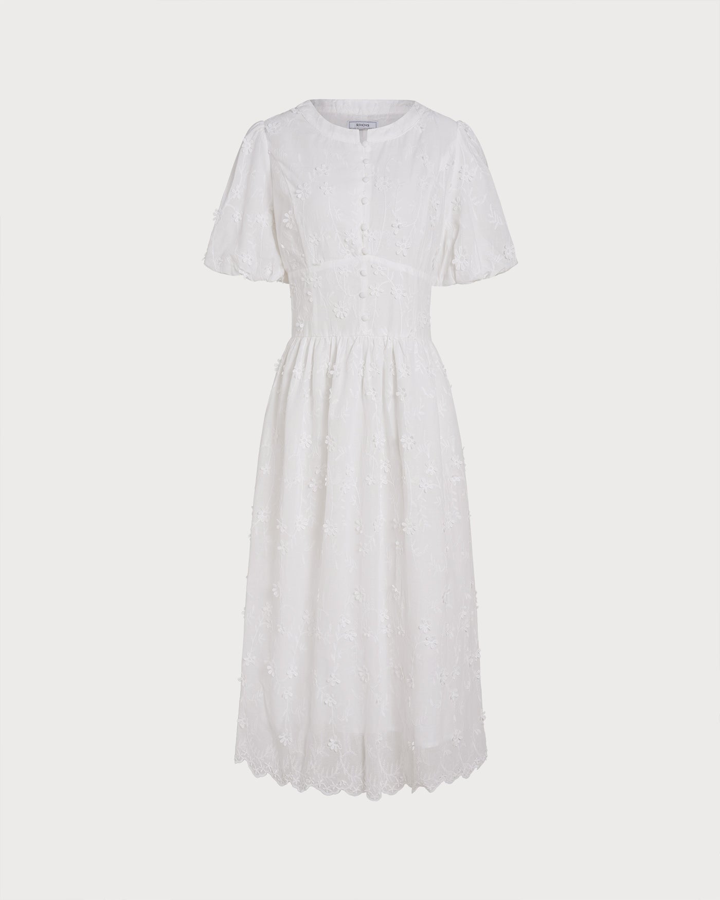Vestido Midi Floral de Cuello Redondo Blanco