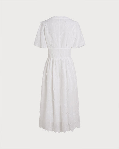 Vestido Midi Floral de Cuello Redondo Blanco