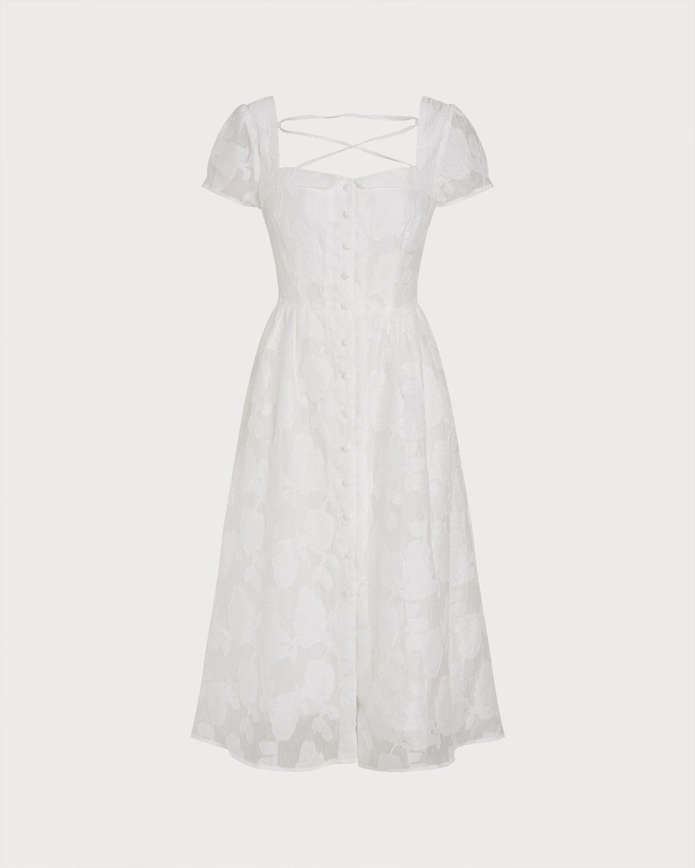 Vestido Midi Blanco con Escote Cuadrado y Cruce