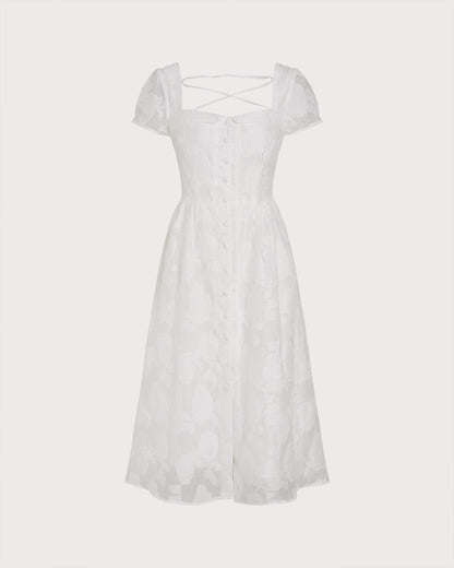 Vestido Midi Blanco con Escote Cuadrado y Cruce