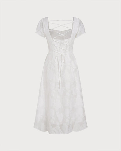Vestido Midi Blanco con Escote Cuadrado y Cruce