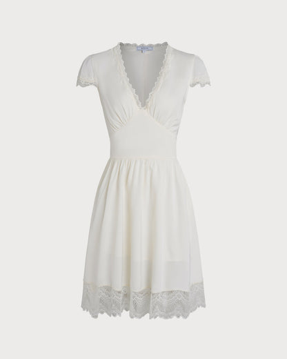 Vestido Mini de Encaje con Escote en V Color Albaricoque