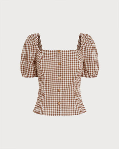 Blusa de Cuello Cuadrado Marrón con Mangas Abullonadas y Cuadros
