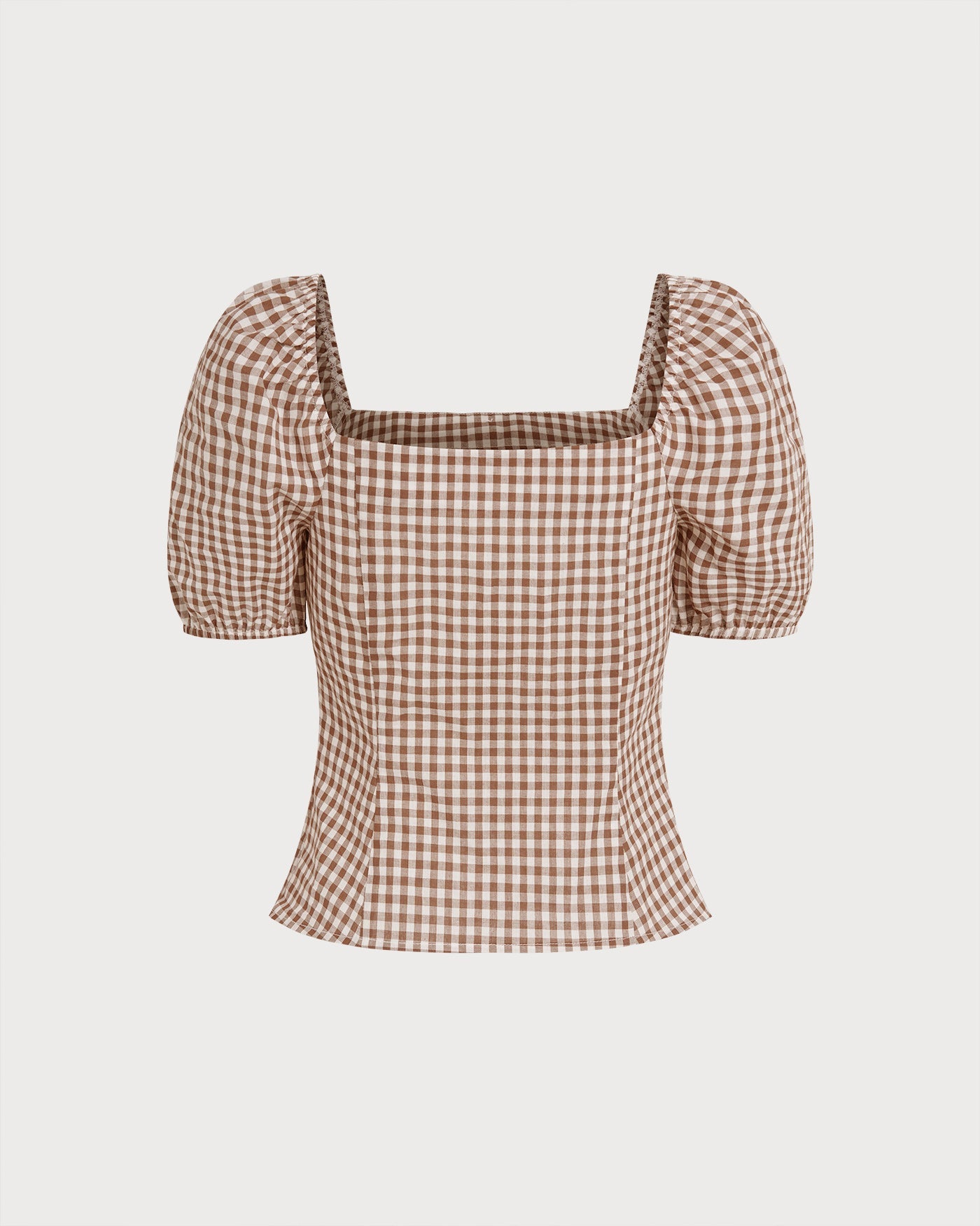 Blusa de Cuello Cuadrado Marrón con Mangas Abullonadas y Cuadros