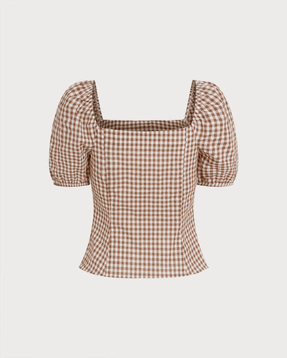 Blusa de Cuello Cuadrado Marrón con Mangas Abullonadas y Cuadros